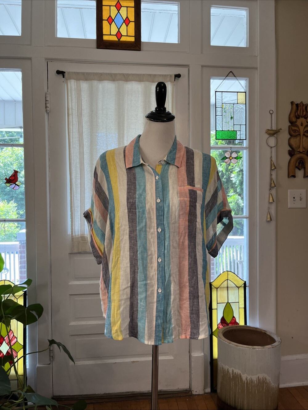Splendid X Grey Malin Button Up Shirt Women M Stripes Linen Classic Coastal Boho